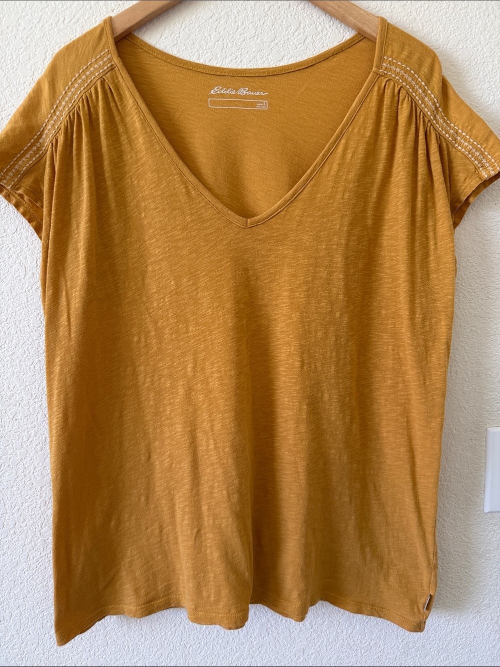 Eddie Bauer 100% Cotton Slub Deep V-Neck Tee, Large, Gold w/embroidered detail